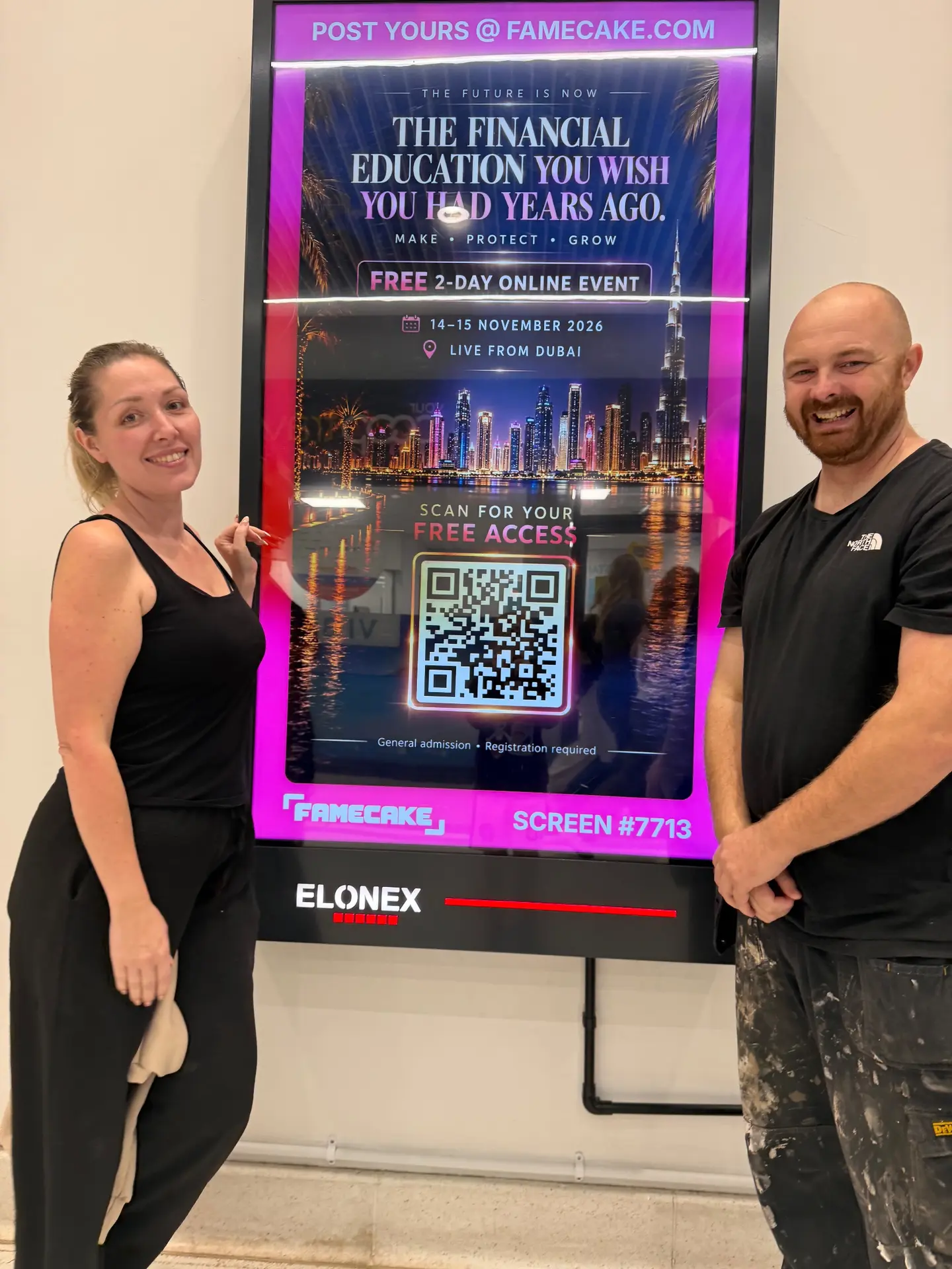A customer's post live on a FameCake screen
