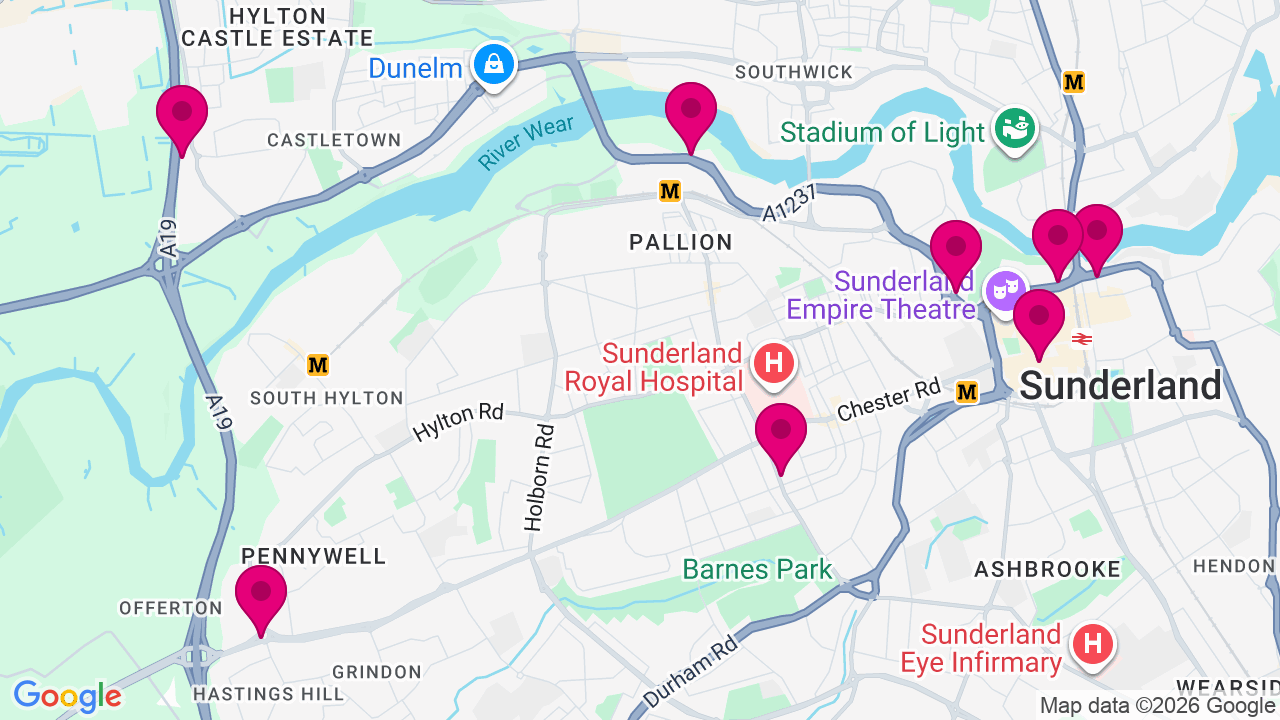 Map of digital billboard locations in Sunderland